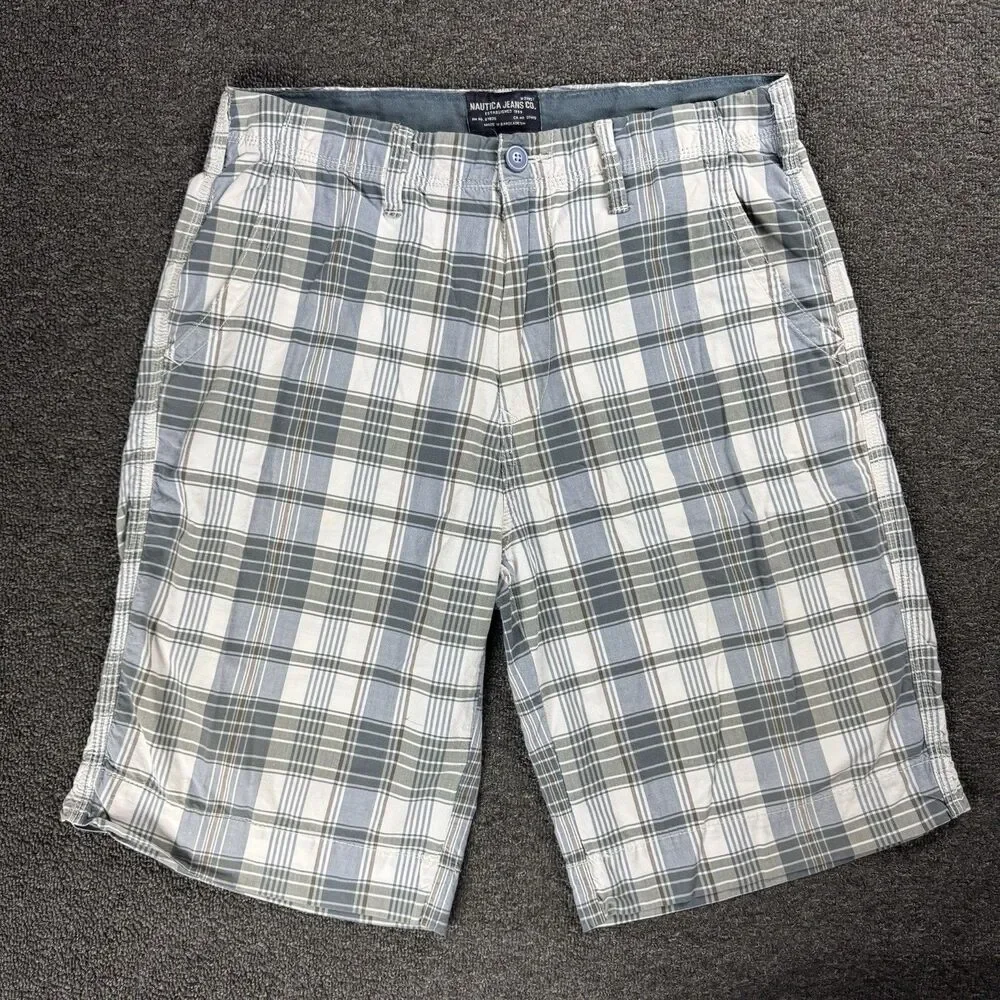 Nautica Men's Shorts Size 34 Casual Flat Front Plaid White Blue Y2K Skater Surf